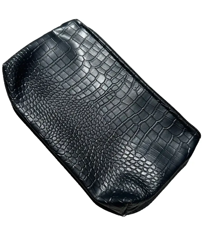 MAKE UP BAG - Black Crocodile Leather Bag with Zipper Closure and Compact Design
