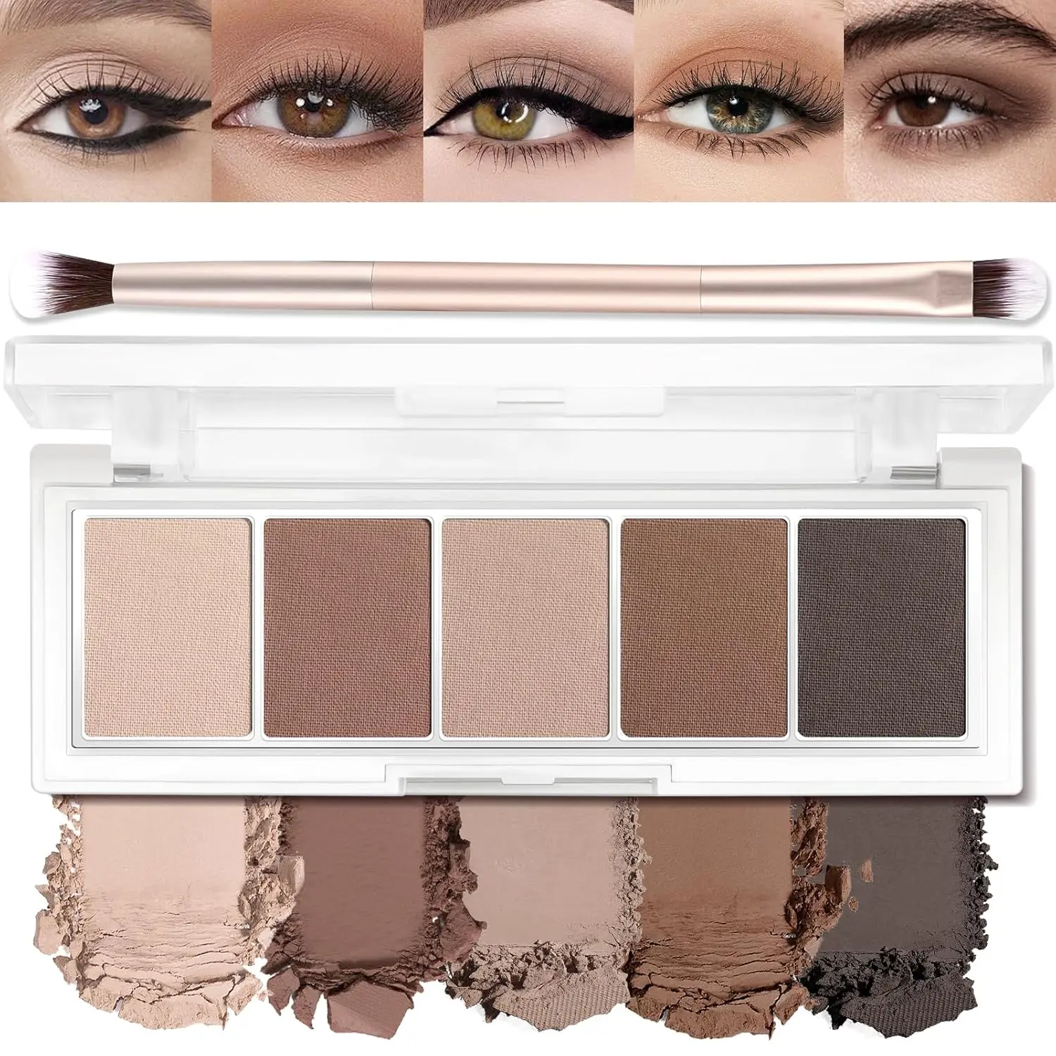 Matte Cool-Toned Cosmetic Eyeshadow Palette with 5g Powder, Double-Ended Brush - Neutral Nude Taupe, Matte Brown, Dark Brown, Green, Blue Shades, Waterproof, Blendable, All Skin Types, Ideal for Green & Blue Eyes