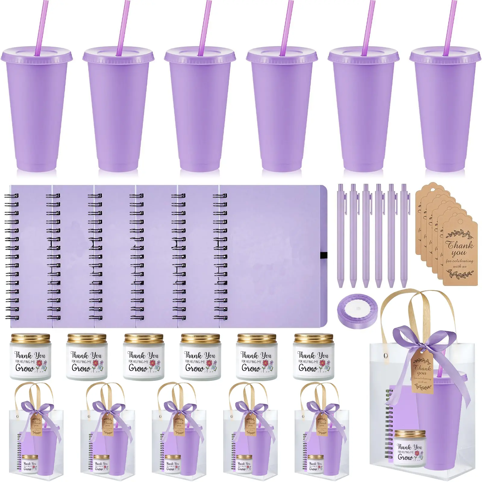 6 Set Teacher Appreciation Gifts - Purple Gift Bundle with 24oz Tumbler, Notebook, Scented Candle, Pen & Thank You Tags - Includes 6 Clear Gift Bags & 1 Roll of Ribbon - End of Year Gifts for Women