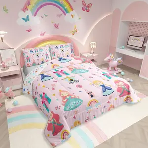 Kids Pink Princess Comforter Set,Dreamy Fairy Tales Castle Girls Bedding Set,Cartoon Rainbow Down Comforter
