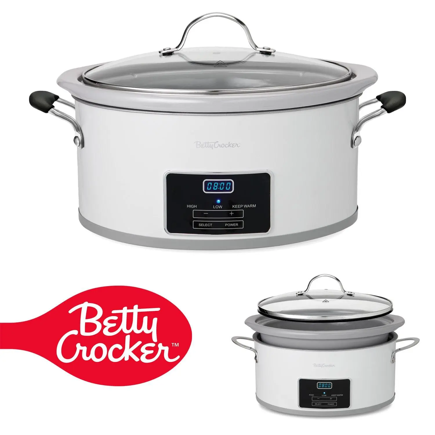 Betty Crocker 6-Quart Oval Digital Slow Cooker, Programmable Crock Pot Up to 20 Hours, Electric Cooking Pot with LCD Digital Display, Removable Stoneware Crock Liner, 240 Watts, BC-4587W, White