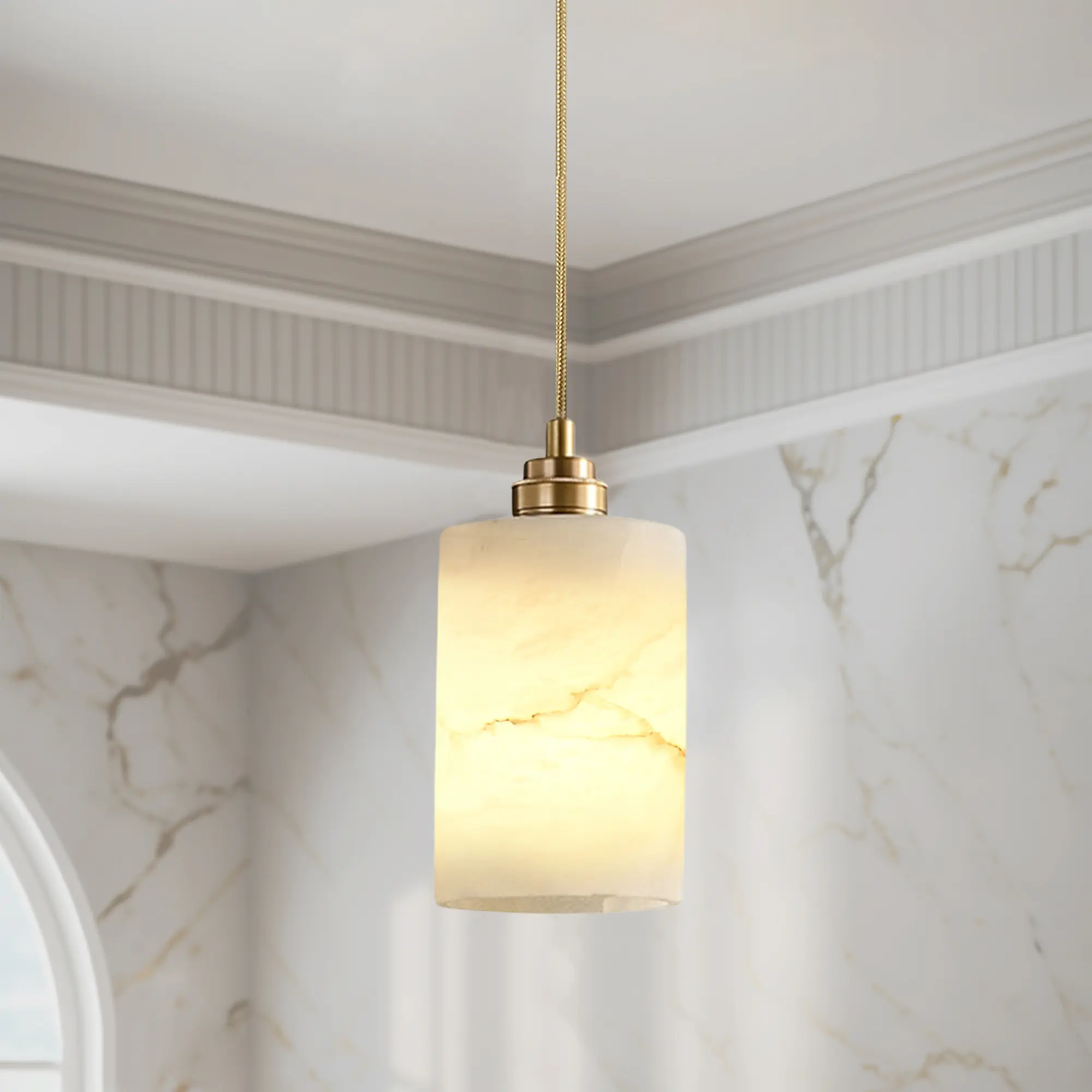 ​​Natural Alabaster] Modern Minimalist Pendant Light | Kitchen Island Marble Lighting with Holographic Waves | Cylindrical Stone Shade for Compact Spaces​​