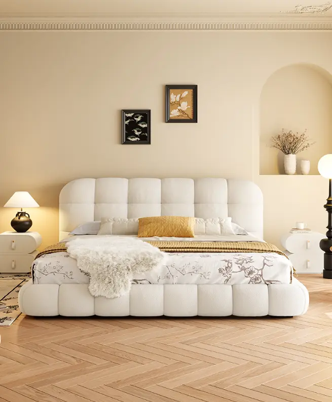 Modern French Light-Luxury Marshmallow Puff Fabric Bed, Cat-Scratch-Resistant Tech-Cloth Upholstered Indoor Furniture