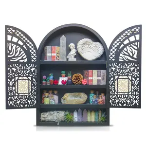 FNYDOX Large Crystal Display Shelf for Wall, Crescent Moon Phase Shelf Wall Decor, Wooden Arch Shelf, Tree of Life Crystal Holder Organizer, Cabinet for Gem Stone Rock, Spiritual Home Room Decor