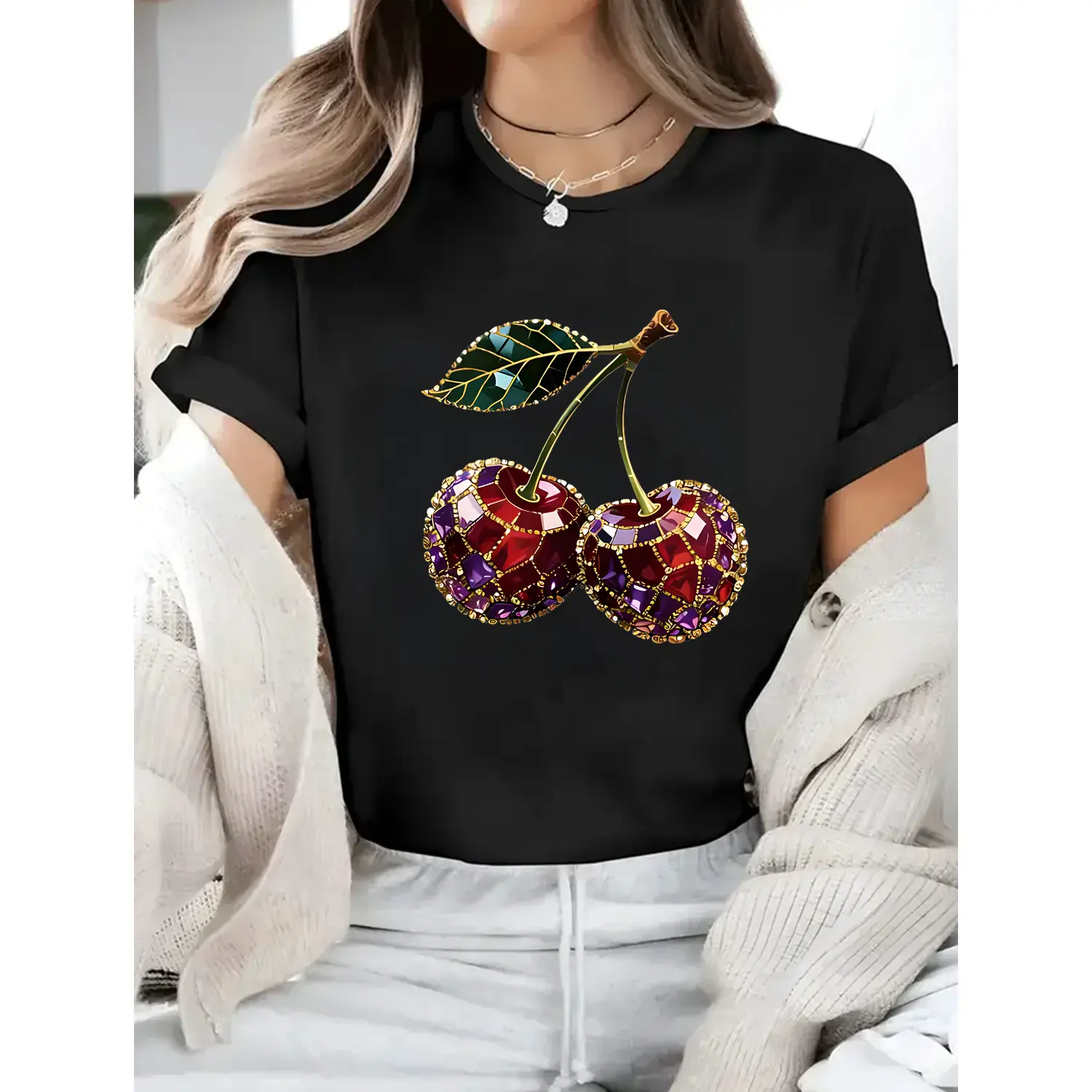 Women Cotton T-shirt Printed Short Sleeve Round Neck Cherry Pattern Multiple Colors Elegant Fit Perfect Birthday Gift Travel Vacation Wear