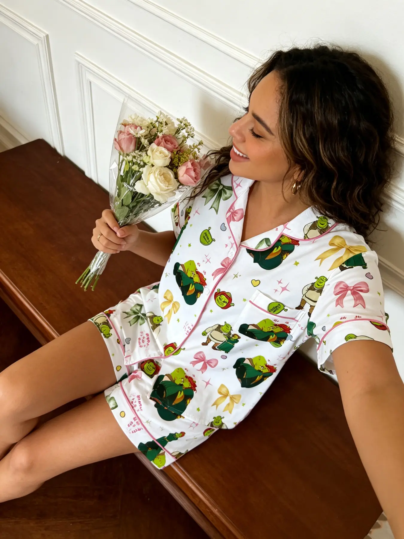 Obsessed with this cute green character print pajama set loungewear Nightwear — soft fabric, pink bow details, and the perfect cozy vibe for every night ✨