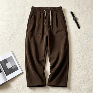 Men's Vintage Stylish Brown Wide-Leg Corduroy Trousers - Soft Menswear Fabric, Elastic Waist, Drawstring, Loose Fit, Versatile for Casual Outings & Office Wear polyester