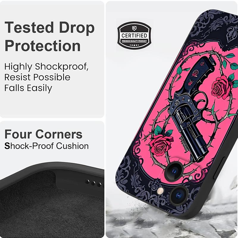 Straight Edge Gun And Rose Pattern Man's Phone Case for iPhone 15 16 14 Pro Max 13 12 11 XR XS Plus Shockproof Non Slip Military-Grade Protection Silicone Cover Cellphone Protective Smartphone Casing