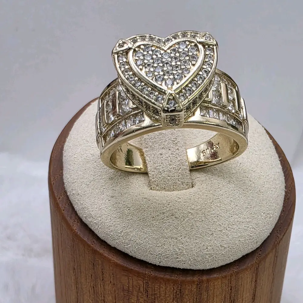 #0203 14k Gold Plated Princess-Style Heart Diamond Ring, Adjustable Customized Casual Couples Ring, Romantic Look Fashion Costume Jewelry Gift Idea