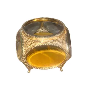 Antique 22k Gilded Ormolu Filigree Casket Jewelry Box with Beveled Glass