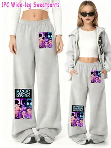 Girls Kpop Demon Hunters Korean Fashion Loose Fit Wide Leg Pants, Cartoon Anime Print Casual Trousers, Spring & Fall Comfortable Sportswear