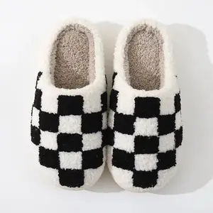 Black & White Checker Slippers For Women Men Indoor Soft Warm Cotton Slippers House Memory Foam Cozy Fluffy Fall Winter Home Slippers with Santa Design Footwear Girl