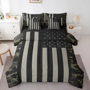 7 Piece Boys Comforter Bed Set with Sheets,Camo American Flag Bedding Set,Kids Teen Men Military Camouflage Bed Bag,Retro Black Army Green Grey Bed Set