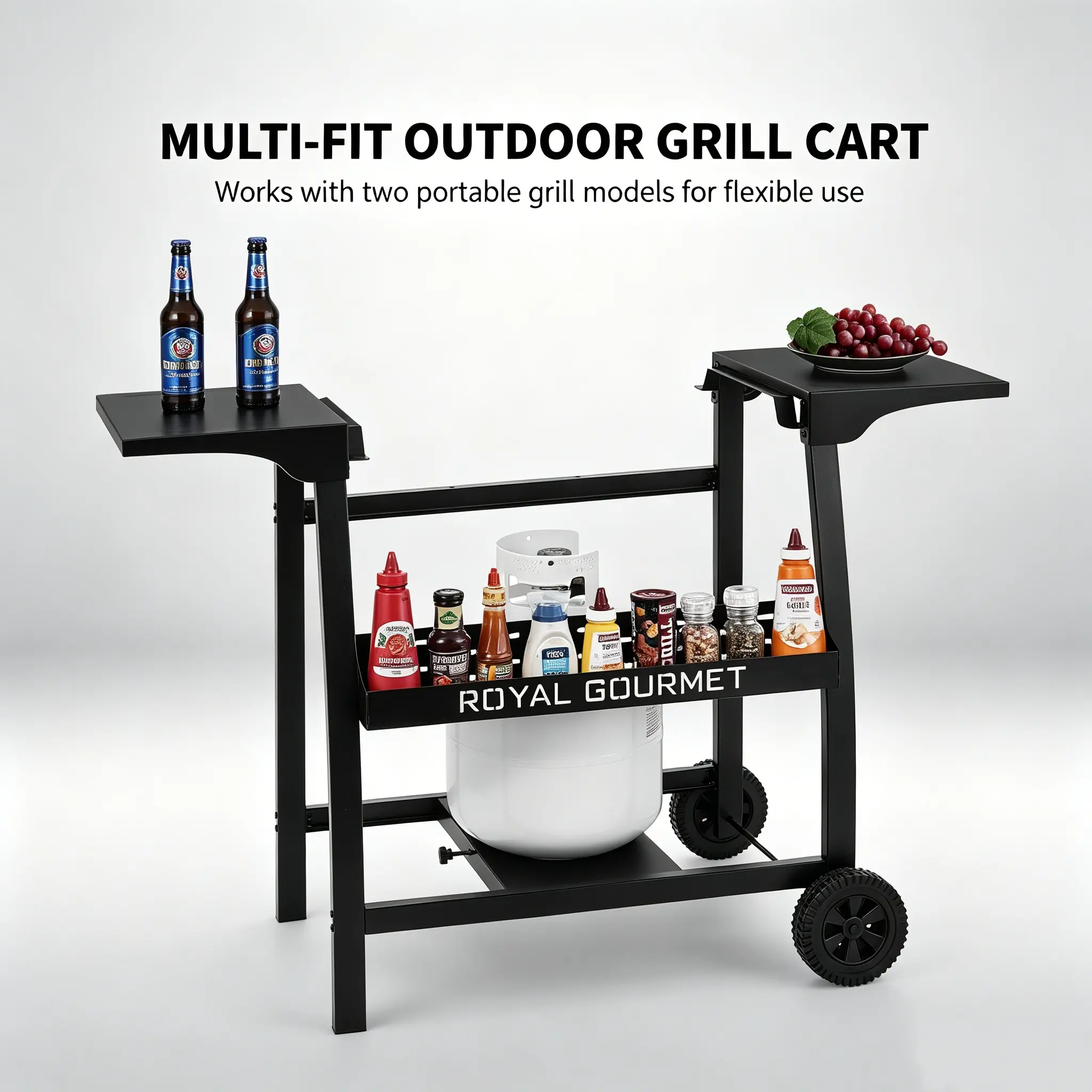 Royal Gourmet PD1300T Tabletop Griddle Stand, Portable Cart Frame with Basket & Side Shelves, LP Cylinder Holder, 2 Wheels Grill Stand for Outdoor Gas Griddle, Patio & Backyard Cooking
