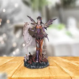 9"H Brown and Purple Autumn Fairy with Unicorn Statue Fantasy Decoration Figurine