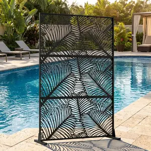 72" h × 47" w Outdoor Privacy Screen, Laser Cut Metal Garden Divider Panel with Tropical Leaf Design, Freestanding Weatherproof Privacy Fence for Patio Deck Backyard Balcony-Foliage Pattern
