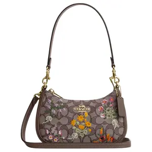 COACH Teri 20 Signature Jacquard Floral Embroidered Leather Shoulder Bag for Women, Small, Dark Brown