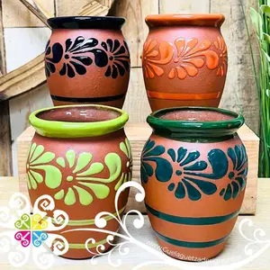 Set of Multicolor 4 Plumeado Cantarito Cup - Clay Cantarito Cup - Michelada Cup - Cantarito Barro Mexico- Cielito Lindo