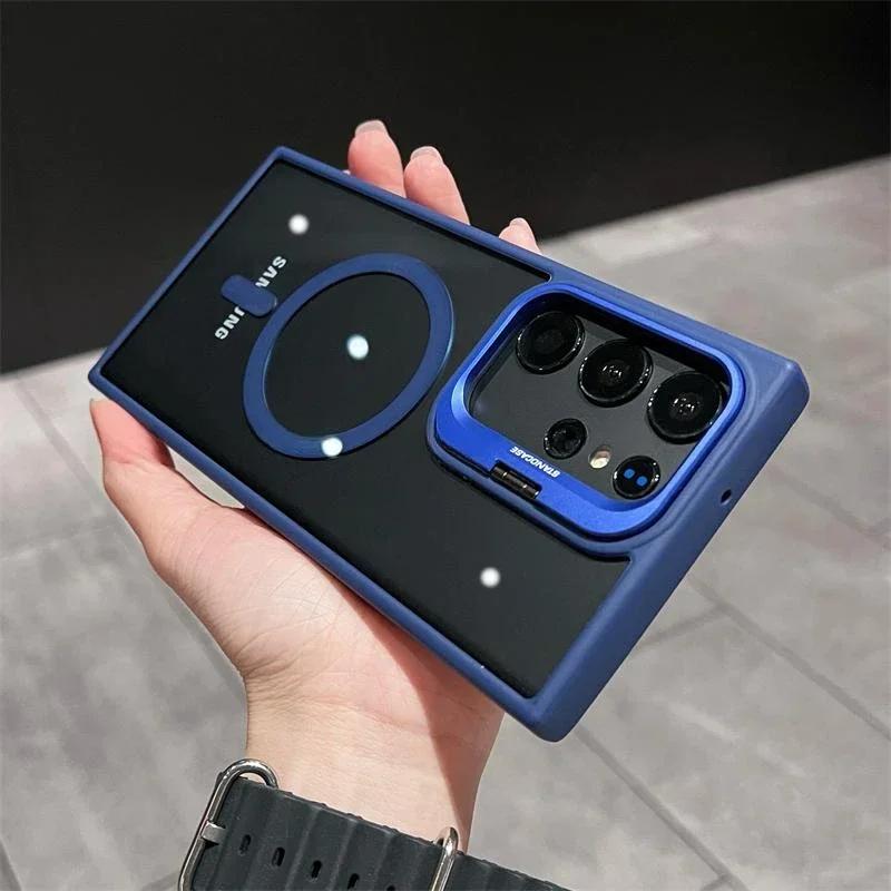 For Samsung Galaxy S25 S24 S23 Plus Ultra Shockproof Camera Ring Stand Heavy Duty Clear Case Compatible With MagSafe Cover + Camera Lens Protector