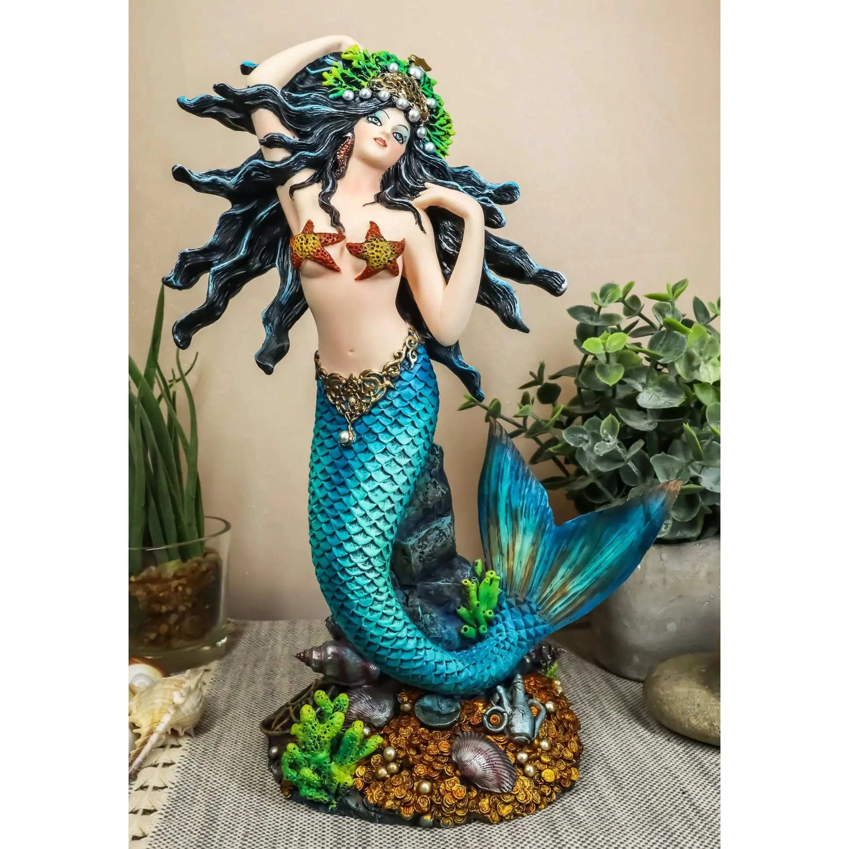 Ebros 11"H Nautical Turquoise Tail Mermaid Pearl Crown Princess By Treasures Statue
