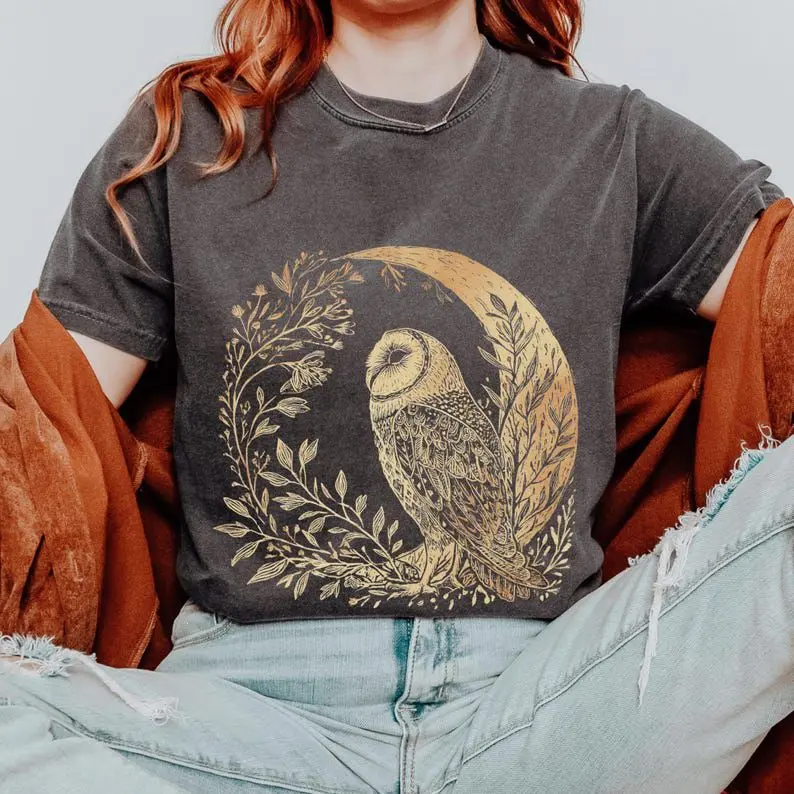 Celestial Cottagecore Barn Owl Moon Shirt, Woodland Nature Graphic Tee, Owl Comfort Colors Adult Unisex Tshirt