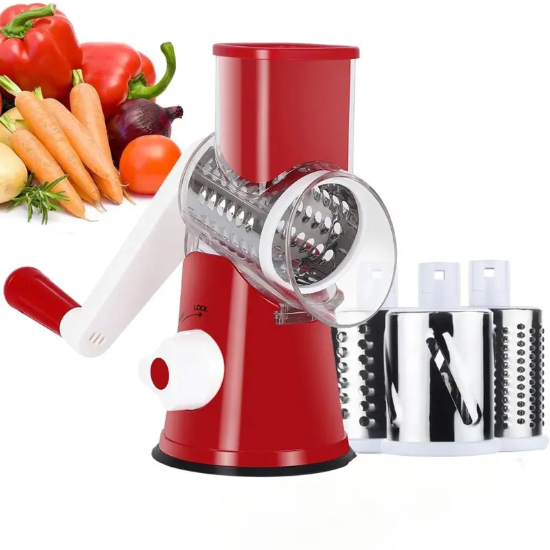 MIUVA Manual Rotary Cheese Grater Shredder Set - 3 Stainless Steel Blades, ABS Build, Hands-Safe Kitchen Utensil, 3-Step Setup, Careful Packaging for Food Cutting, Grinding, Beetroot, Broccoli Prep