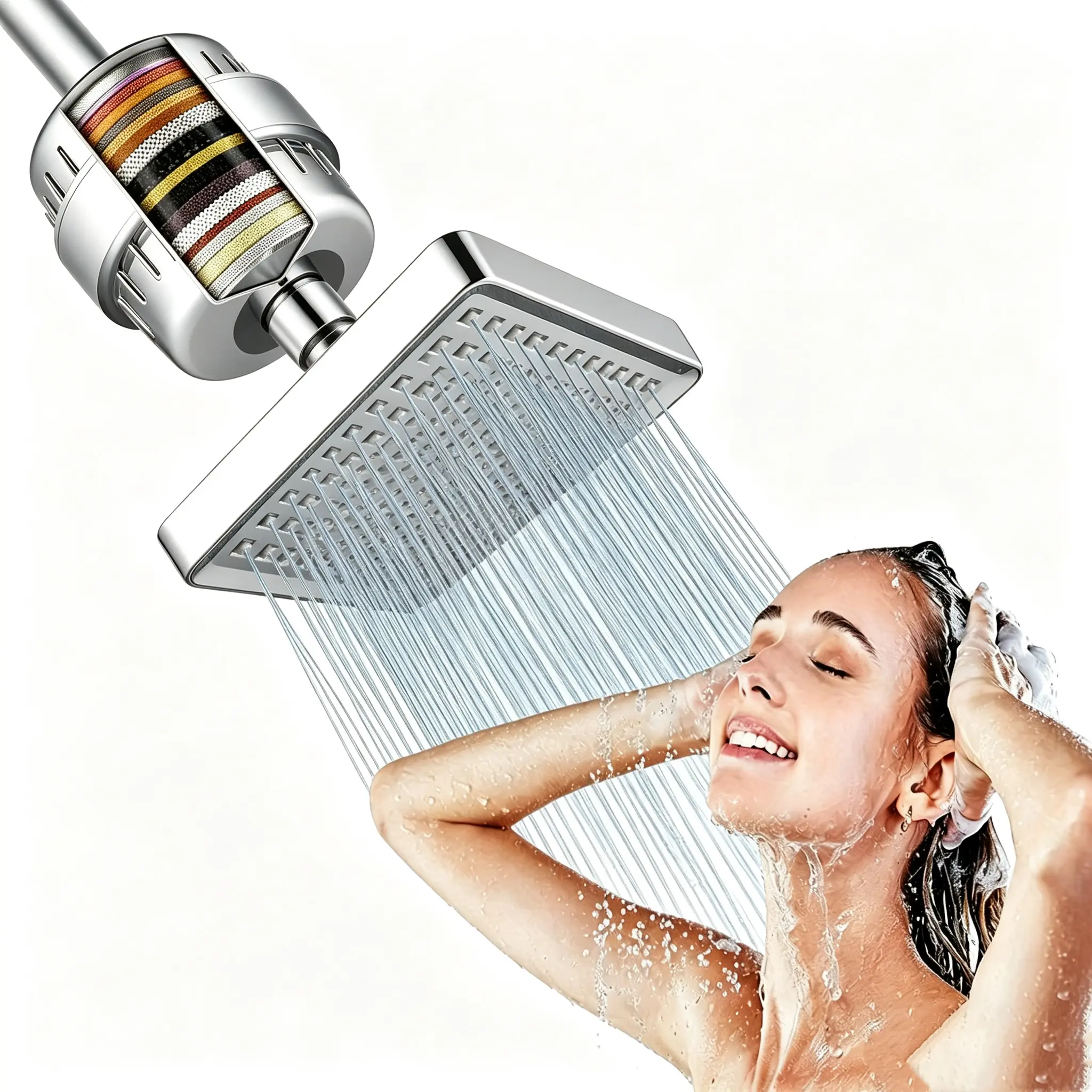 Rain shower head, 6-inch square, luxurious polished chrome finish | High-pressure shower head filter, adjustable shower head, tool-free, universal connection