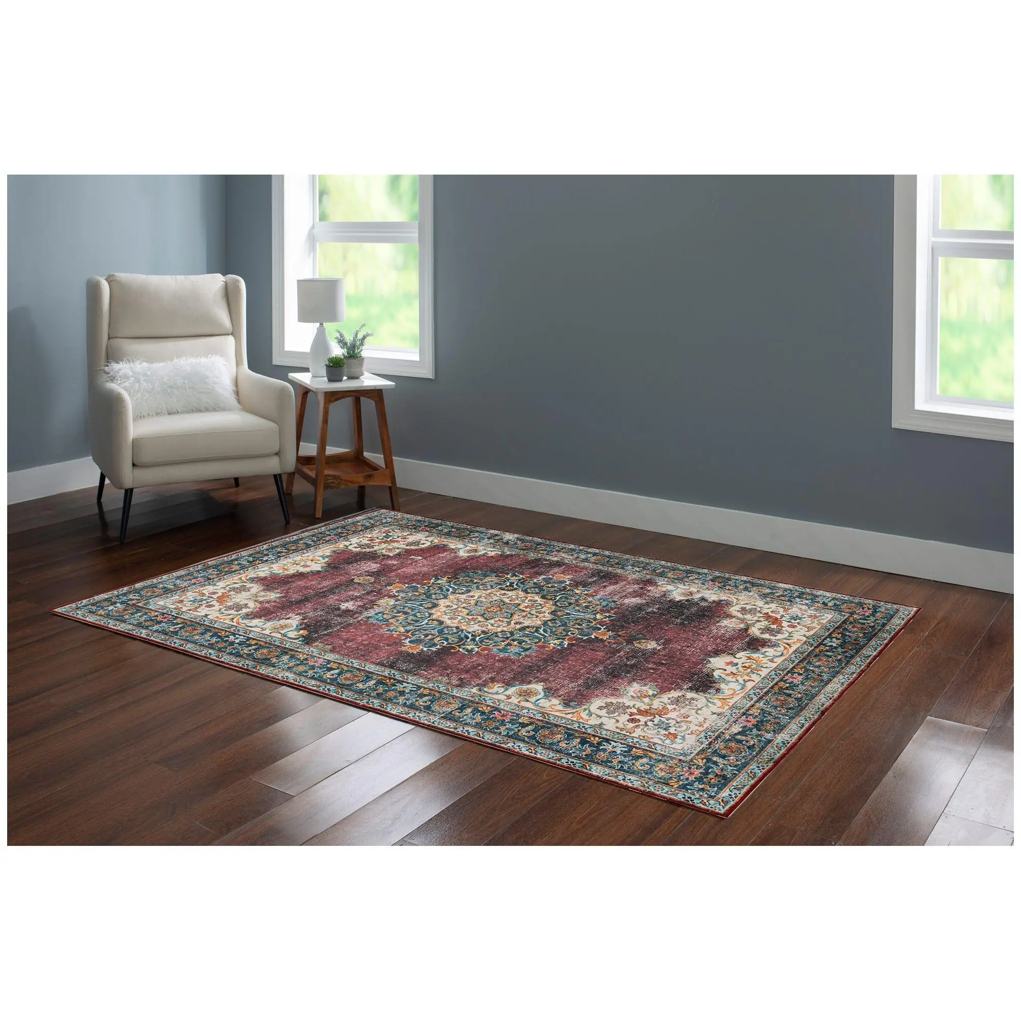 Linon Home Decor Washable Gage Ivory/Burgundy 5'x7' Area Rug