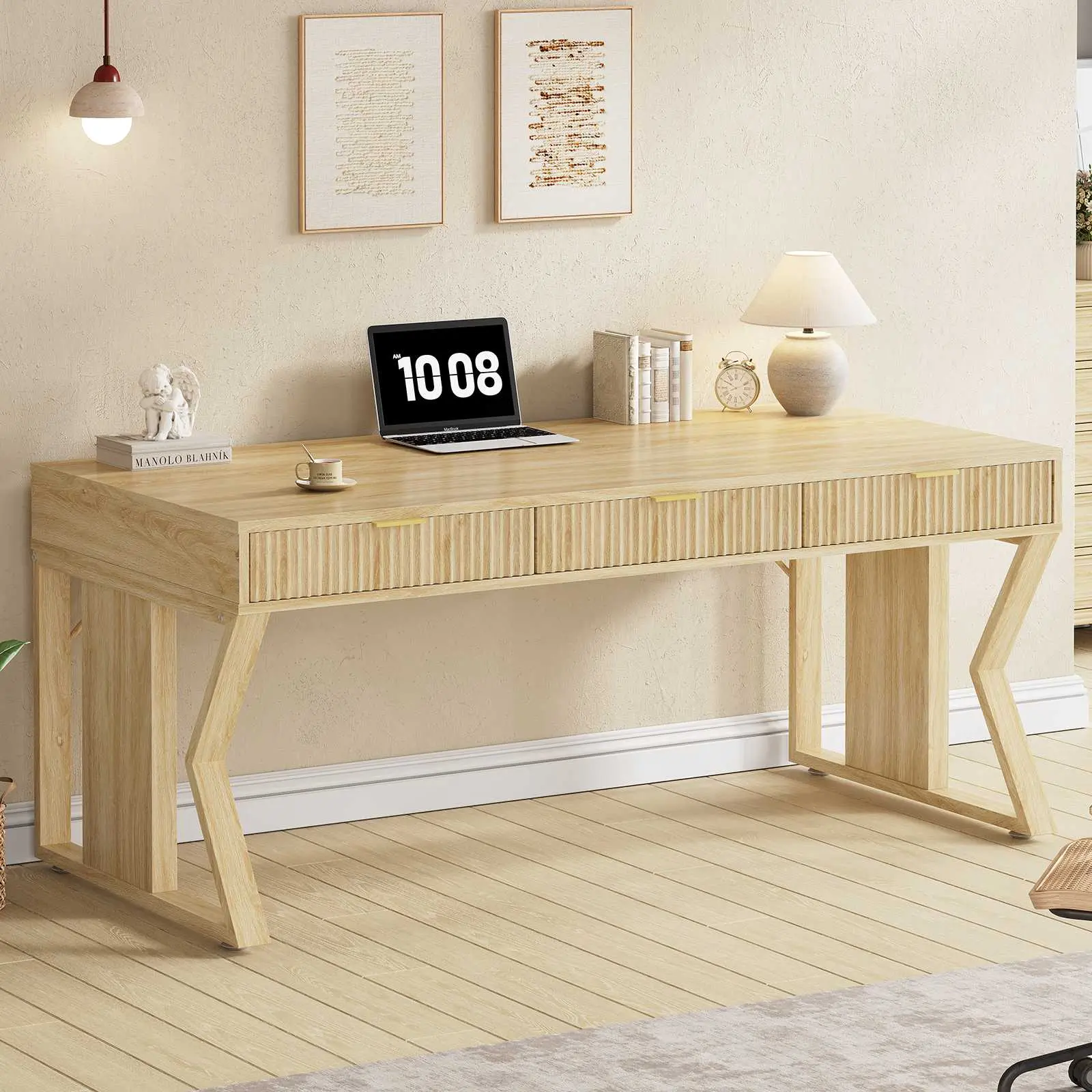 Sedeta 55x23.6 in Classic Wooden Executive Table - Rectangular Top Home Office Workstation, Functional Computer Writing Table with Storage Drawers, Modern Commercial Office Furniture, Functional Table, Wooden Table