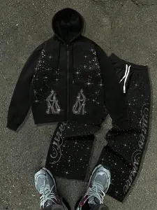 Men's Autumn Winter Trendy Outfit Set, Long Sleeves, Fitted, All-Over Star Rhinestone Graphic Design, Casual Streetwear, Hip-Hop Fashion, Perfect for Parties & Festivals