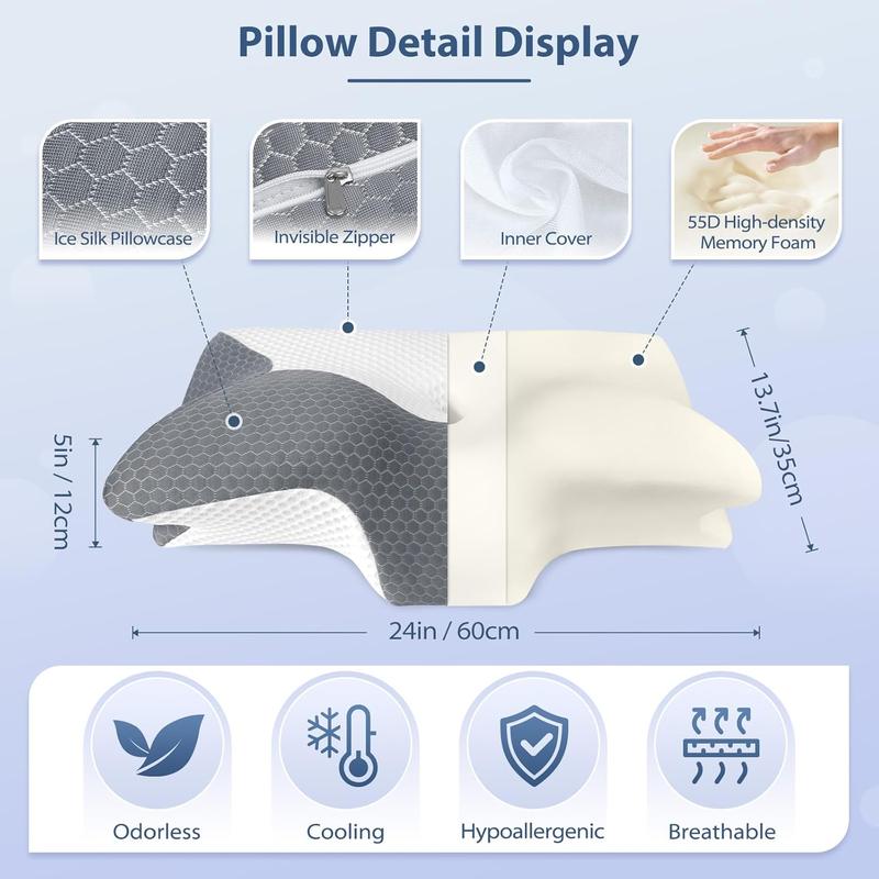 Cervical Pillow, Ergonomic Pillow for Neck and Shoulder Pain Relief with Cooling Ice Silk Pillowcase, Orthopedic Neck Bed Pillow for Side, Back and Stomach Sleepers
