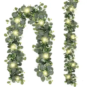 2 Pack Artificial Eucalyptus Garland with Lights, 6FT Artificial Greenery Garlands, Battery Operated Twig Vine for Room Stairs Mantle Wedding Holiday Decoration Indoor Outdoor