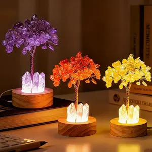 LED Crystal Money Tree Lamp, Natural Crystal Chip Tree, Clear Quartz Single Crystal Base, USB Interface, Home Ambient Night Light, Crystal Base Decorative Bedside Night Light, Purely Handmade Natural Crystal Tree Night Light, Home and Office Decor, Gift I