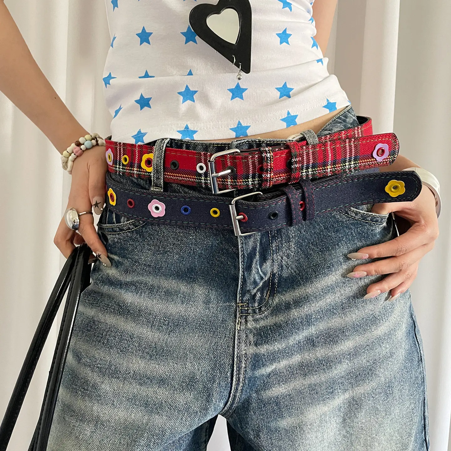 Y2K Plaid Canvas Belt for Women, Cute Floral Grommet Belt, Statement Belt for Jeans & Skirts