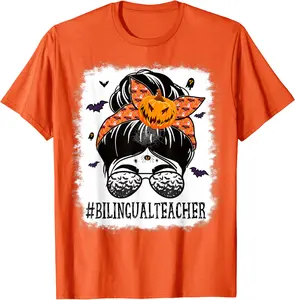 Bilingual Teacher Messy Bun Spooky Pumpkin Orange Halloween T-Shirt - Feliciabr Shop 82B0BCHHZ5YH