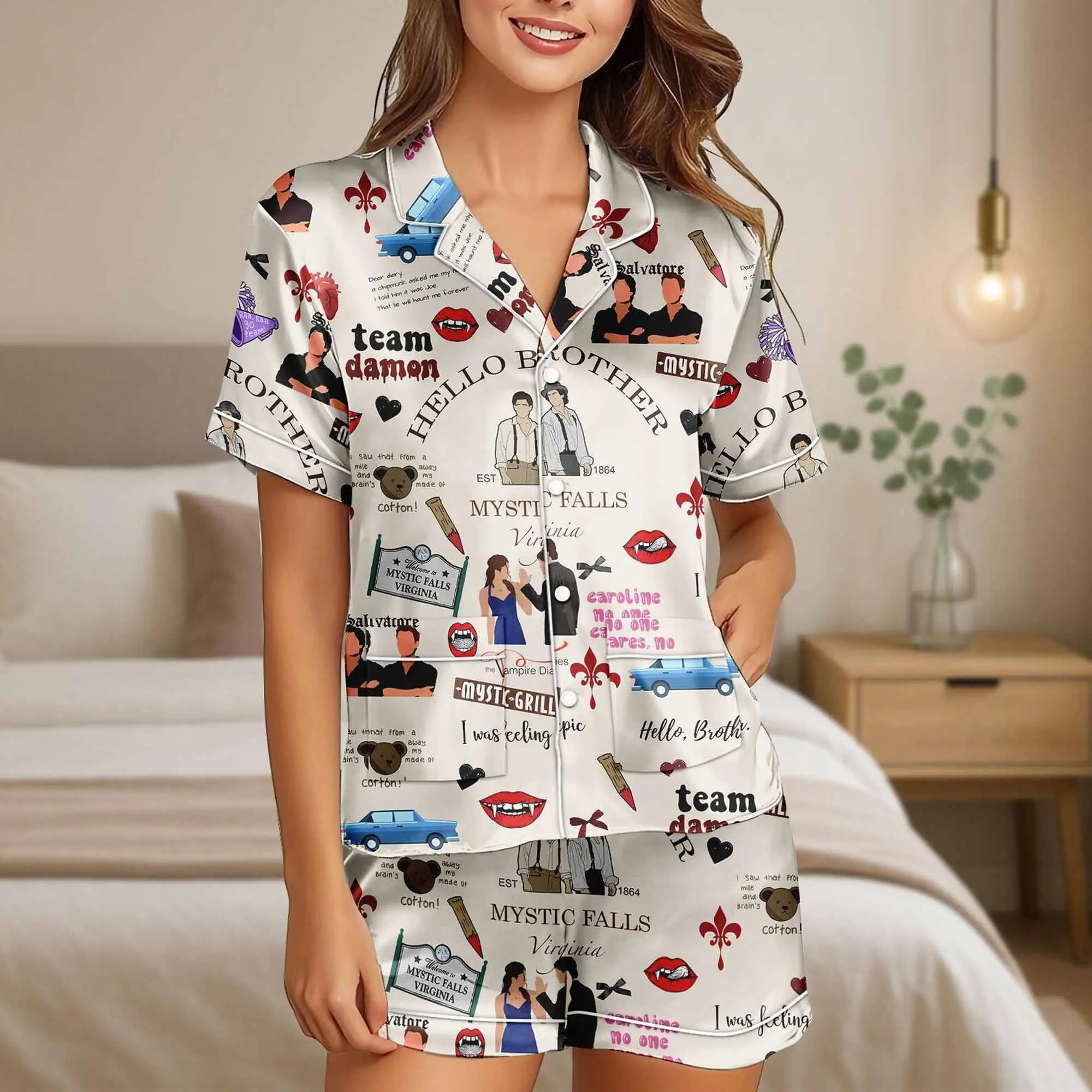 Vampire Diaries Short Satin Pajamas, Mystic Falls Pajamas Set, Salvatore Brothers Sleepwear For Her, Halloween Short Nightwear