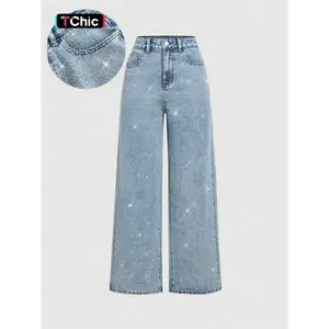 Women's Elegant High-Waisted Wide-Leg Denim Jeans, with Rhinestone Embellished, All-Season Fitted Woven Fabric Fashion Pants, Style, Womenswear