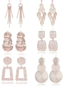 Brilliant 6 Pairs Rose Golden Clip on Drop Earrings Set for Women Men Alloy Gorgeous Leaf Round Trapezoid Square Rectangle Geometric Clip on Earrings-Non Piercing Dangle Earrings