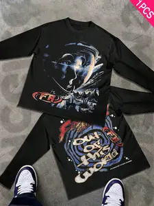 Unisex Space Print Long Sleeve Knit T-Shirt, Casual Fashion Streetwear Comfortable Loose Fit, American Retro Style, All Seasons Wear, Top, Clothes