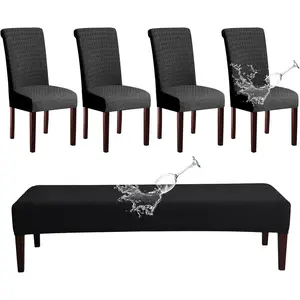 Dining Room Chair Cover Set Jacquard Chair Slipcover Washable Parsons Chair Slipcover Removable Seat Protector for Dining Room Hotel Restaurant - 4 count Chair Cover+1 PC Bench Cover