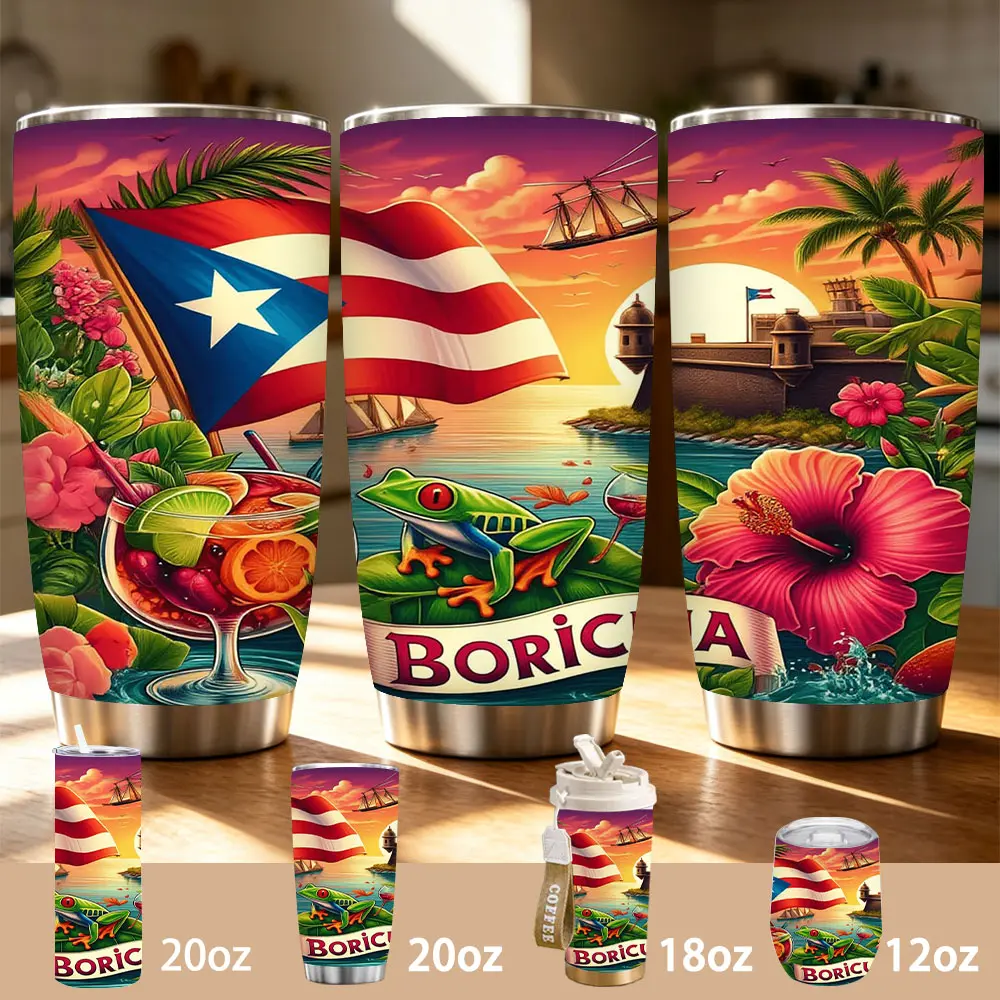 Puerto Rico Boricua Tumbler, Tropical Paradise with Flag, Coqui Frog, Rum Punch, El Morro, Hibiscus, 12/18/20oz Stainless Steel Insulated Cup, Keeps Cold/Hot for Hours, Ideal Gift for Puerto Rican Lovers