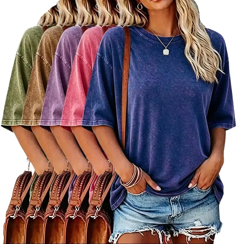 Pack of 5 women’s washed/distressed short-sleeve T-shirts, crew neck, loose vintage casual top.Washed/distressed finish, skin-friendly breathable pure cotton fabric.Versatile basic piece that can be worn solo or layered, pairs well with jeans, shorts, s