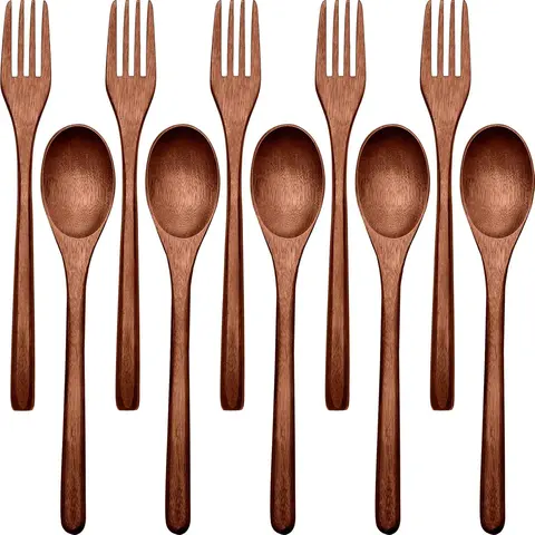 Pack Of 10 Wooden Spoons Forks Set - High-Quality, Handcrafted Kitchen Utensils For Stirring, Eating Soup, Salad Desserts - Easy To Clean, Durable For Home,Camping Travel,Cooking Utensils