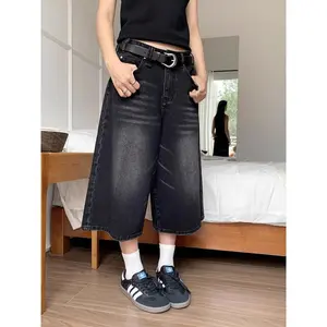 High Waist Black Retro Washed Denim Shorts Harajuku Vintage Fashion Casual Loose Y2K Streetwear Mid Long Wide Leg Pants