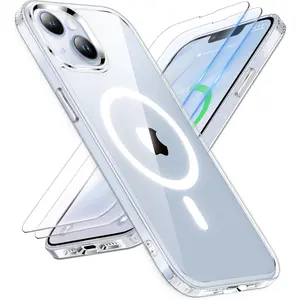 Designed for iPhone 16 15 14 13 12 11 Case, iPhone 17 Clear Cellphone Smartphone Case Magnetic Compatible with Magsafe and 2 x Screen Protector Anti Yellowing Ultra Slim Thin Protective Shockproof Clear Back Phone Case Cover Transparent Smartphone Casing