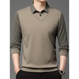 Long Sleeve Slight Stretch Polyester & Spandex Blend Men's Casual Polo Shirt - Lapel Collar, Regular Fit Knit Half-Placket Pullover for Spring/Fall
