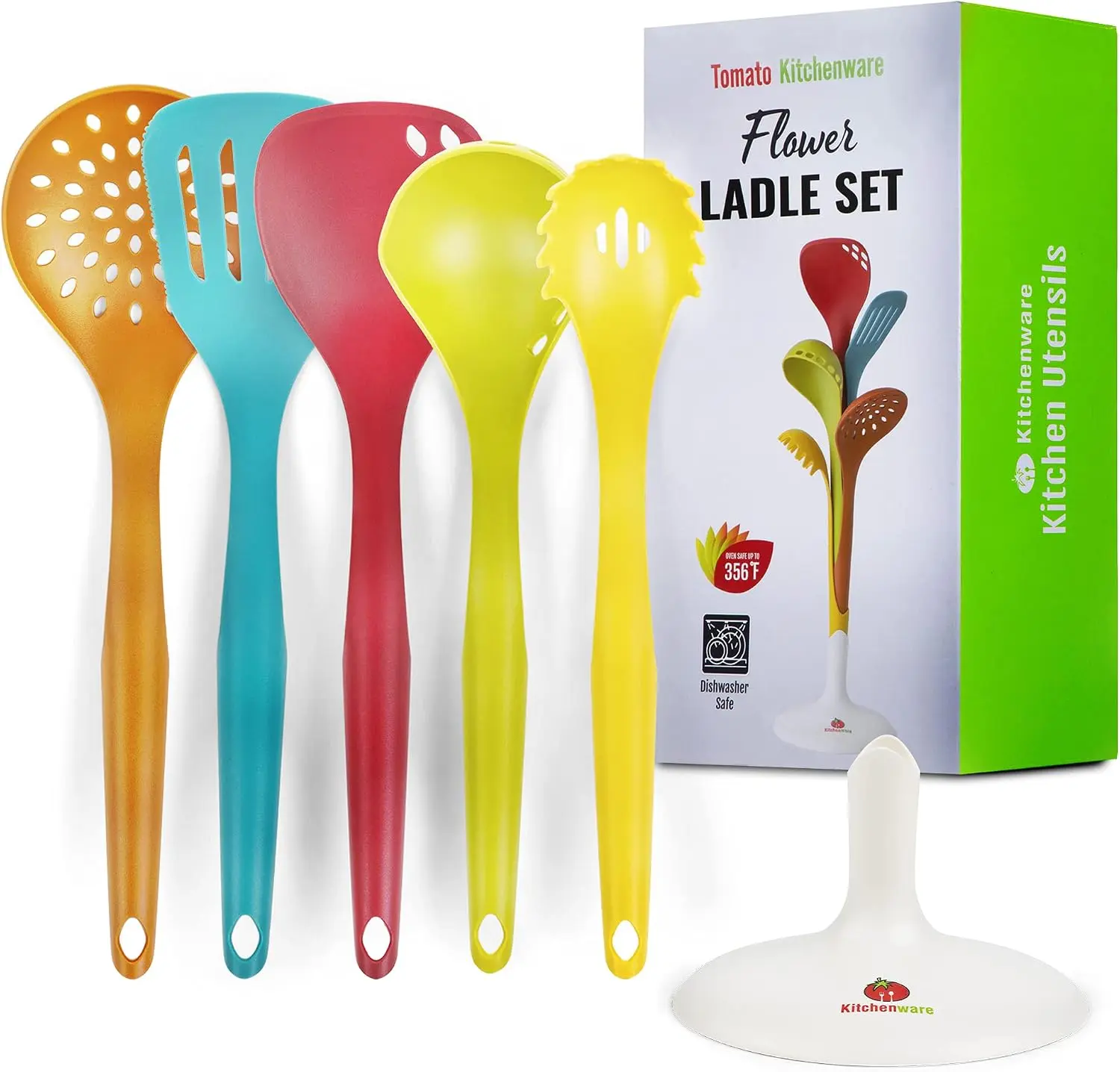 Nylon Kitchen Utensil Set Tools - Solid Spatula, Slotted Spatula, Soup Ladle, Slotted Ladle, Spaghetti Spoon - Safe for Non-Stick Cookware & Ideal for gifts - Nice Ladle Set & Decor