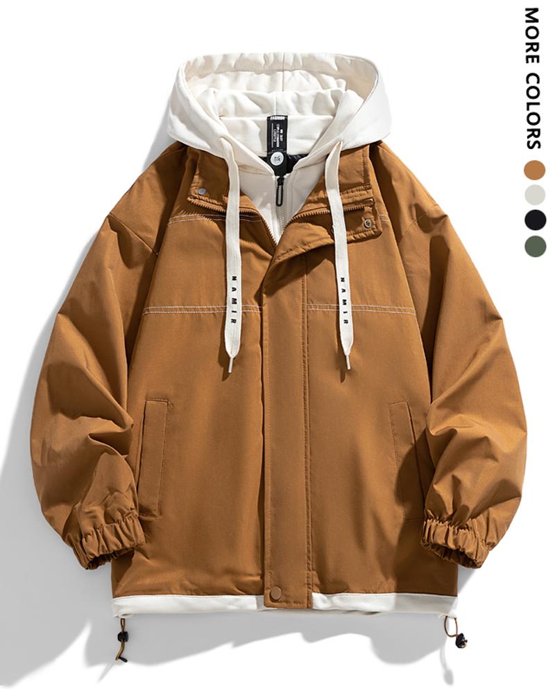 Men's multi-color spliced fake two-piece pocket long-sleeved lace-up hooded jacket, suitable for commuting, outdoor activities, and sports wear. It is a must-have thick jacket in autumn and winter.