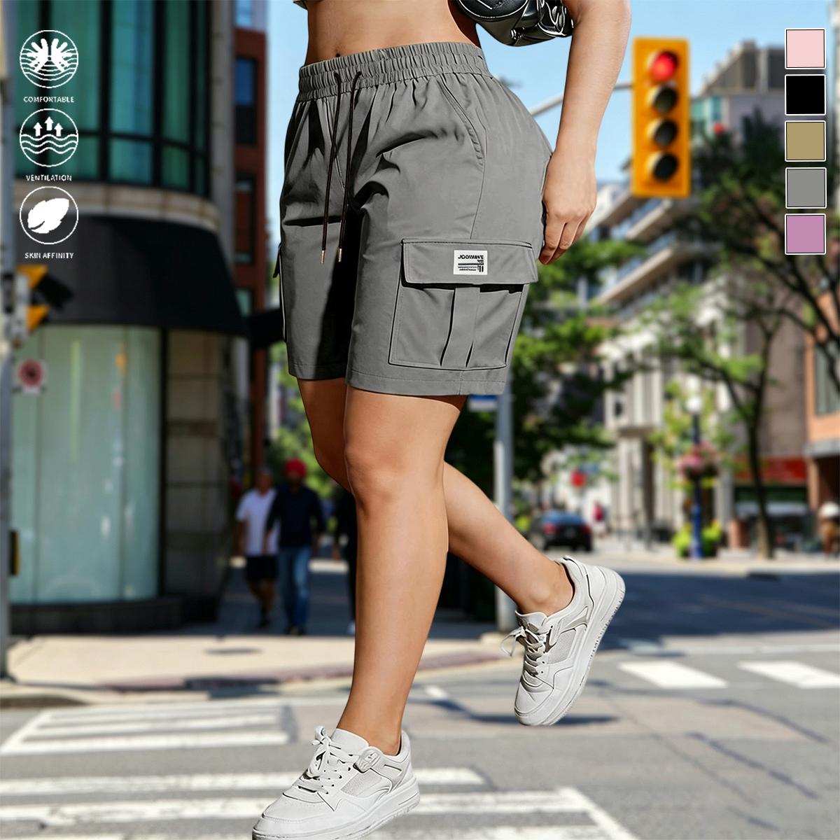 Pack of 4 women&rsquo;s outdoor cargo shorts&mdash;breathable, quick-drying, multi-pocket design, solid color, drawstring elastic waistband; suitable for outdoor sports and casual wear; summer shorts, women&rsquo;s shorts.