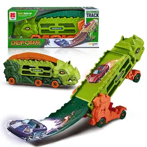 Transforming Dinosaur Track Car Set, Portable Truck with Random Racecar, Foldable Storage Car, Best Gift Toy for Kids Aged 3-7 Years